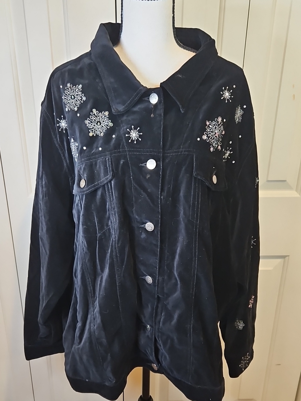 Quacker Factory Snowman Black Velvet Jacket Snowflake Capture The Magic 2X - Picture 14 of 15